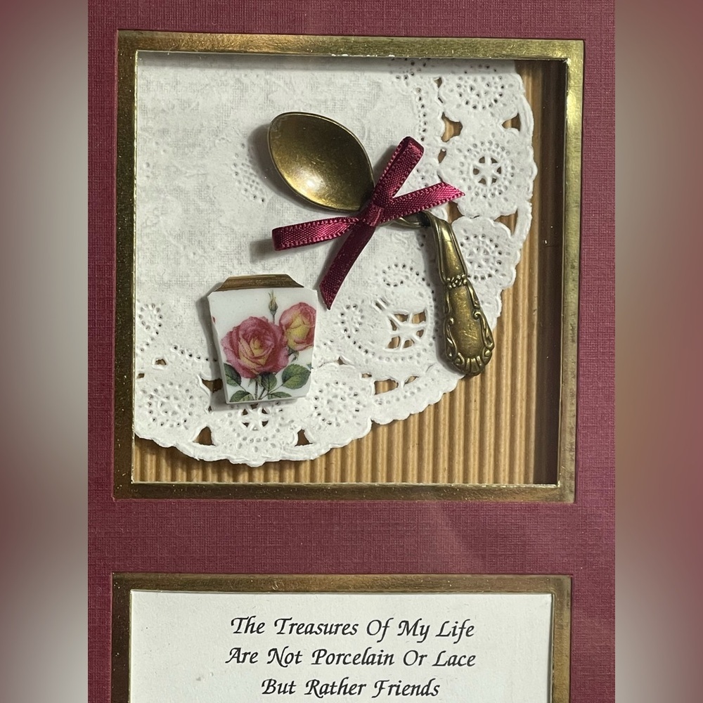 Framed Quote Shadowbox Decor w/ Spoon Porcelain Roses Lace 2001 Handmade - Picture 3 of 8